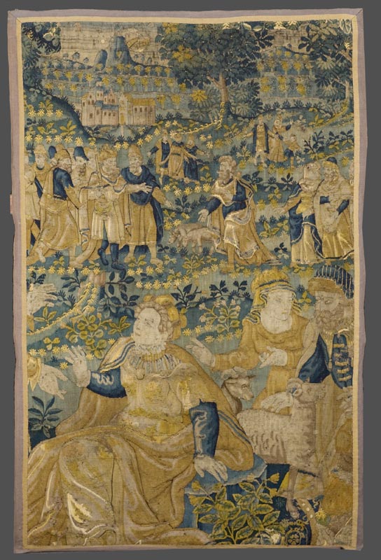 Appraisal: French historical tapestry panel th th century Vingnettes scattered throughout