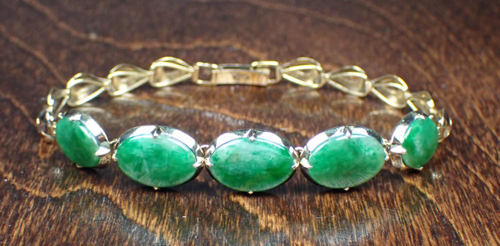 Appraisal: JADE AND FOURTEEN KARAT GOLD BRACELET The - yellow gold