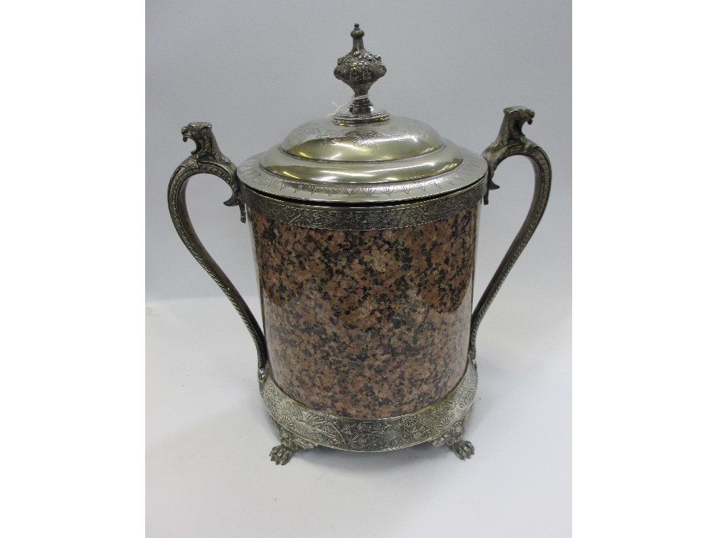 Appraisal: Large silver plate mounted polished granite biscuit barrel on paw