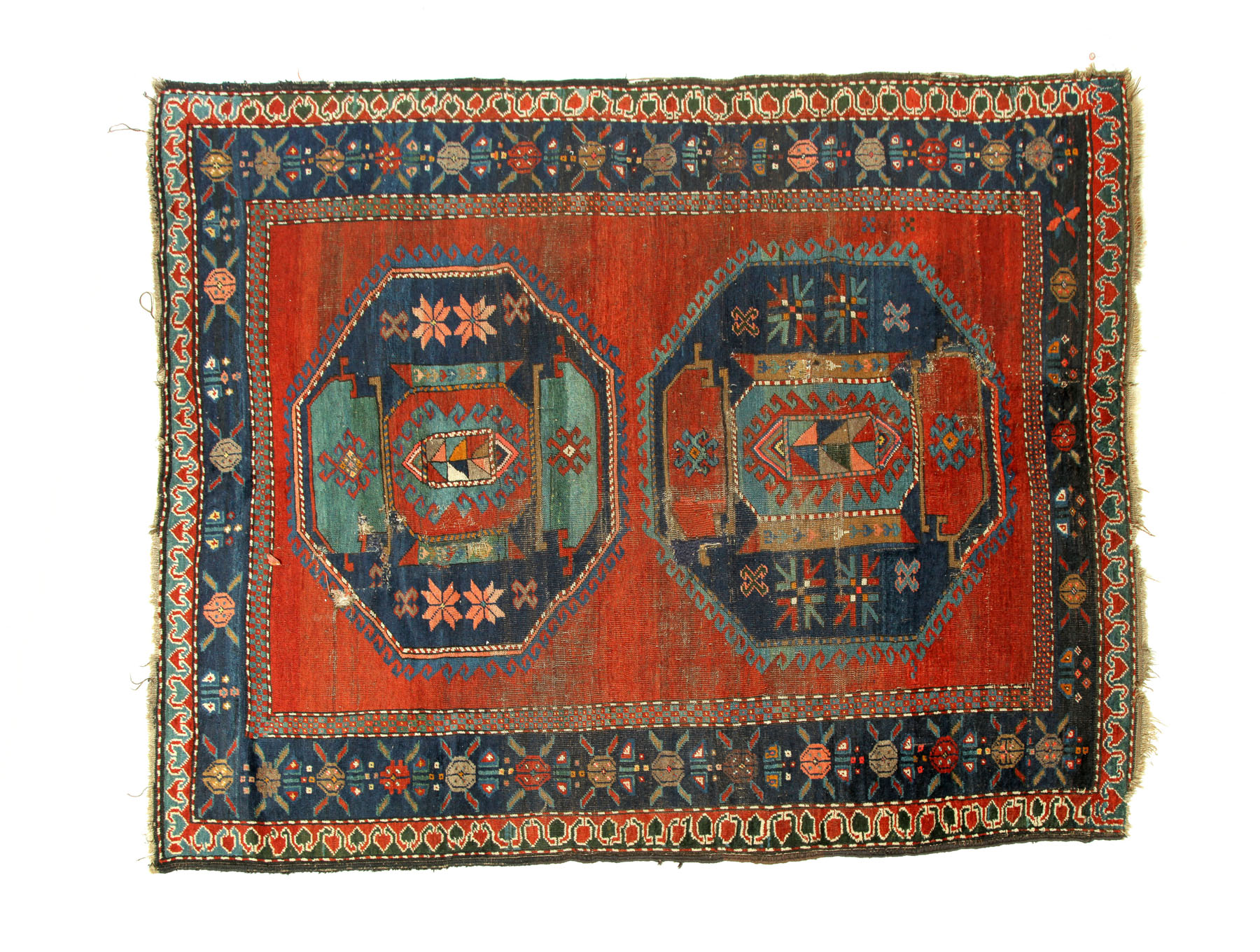 Appraisal: ORIENTAL RUG Kazak Red ground wide blue border Repair '