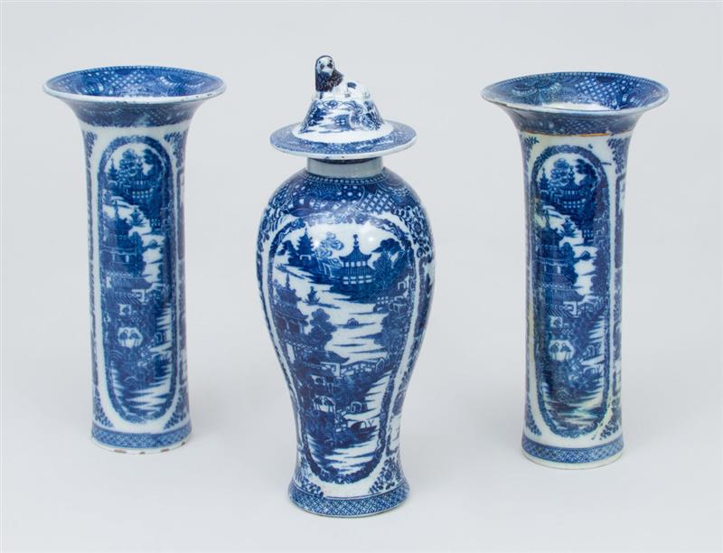 Appraisal: ENGLISH BLUE TRANSFER-PRINTED PORCELAIN ASSEMBLED THREE-PIECE GARNITURE Comprising a pair