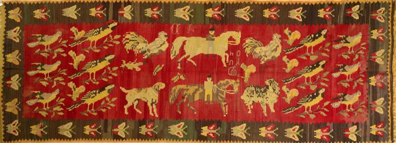 Appraisal: BESSARABIAN ROSE-GROUND KILIM Worked with central equestrians hounds and birds