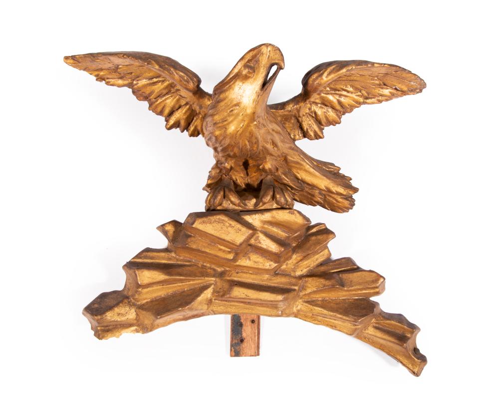 Appraisal: Carved Giltwood Figural Crest modeled as a spread-wing eagle perched