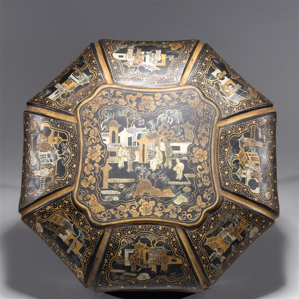 Appraisal: Chinese gilt lacquer eight-sided covered box with figures and landscape