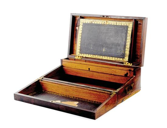 Appraisal: English rosewood and brass-inlaid writing box late th century rectangular