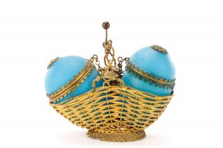 Appraisal: French Blue Opaline Glass Double Egg Basket Palais Royal circa