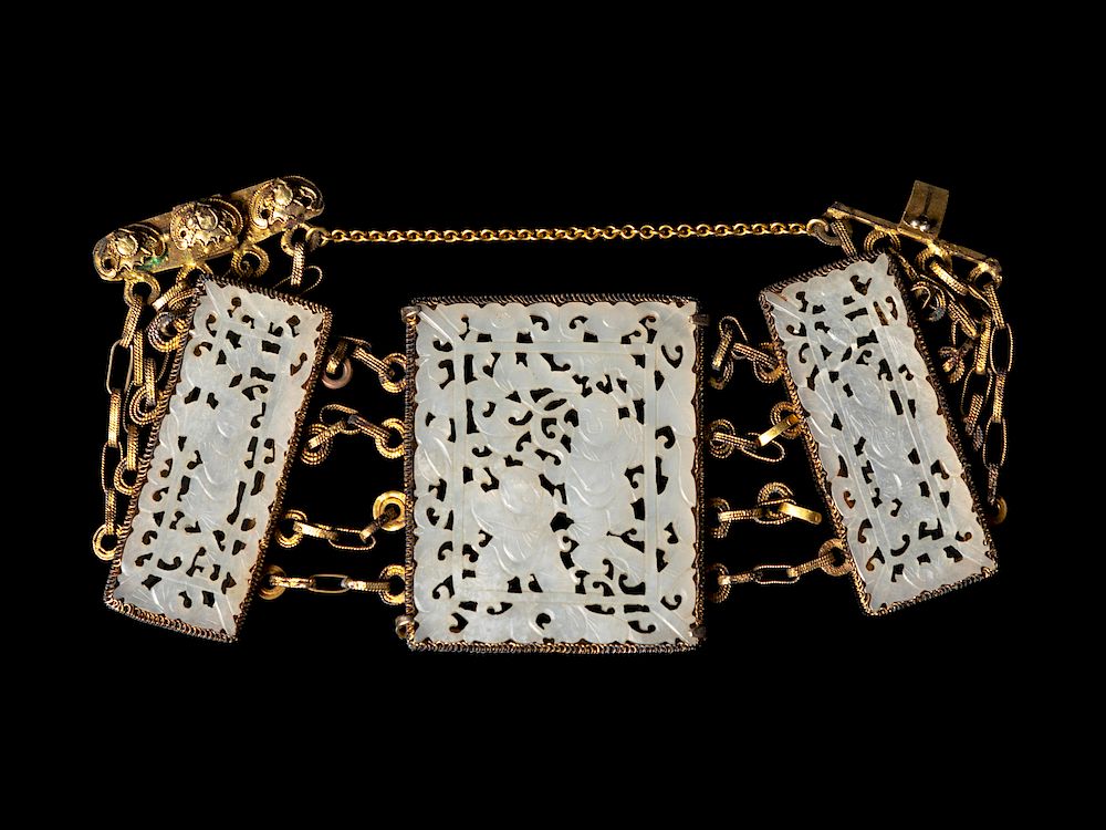 Appraisal: A Chinese Jade Inset Gilt Metal Bracelet Length in cm