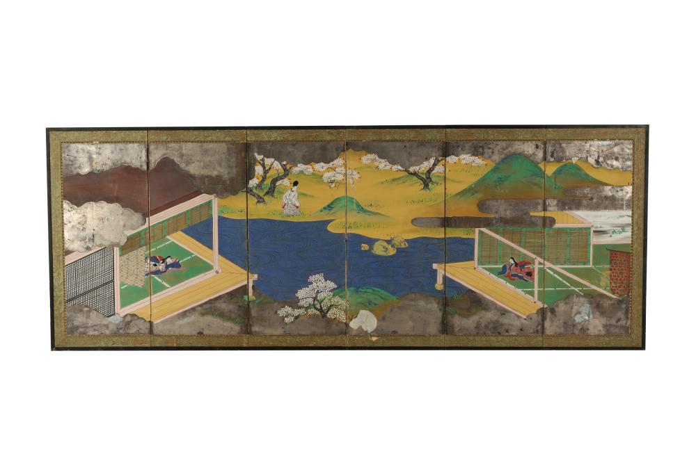 Appraisal: JAPANESE SIX-PANEL SCREENmounted to hang on wall Condition loss of