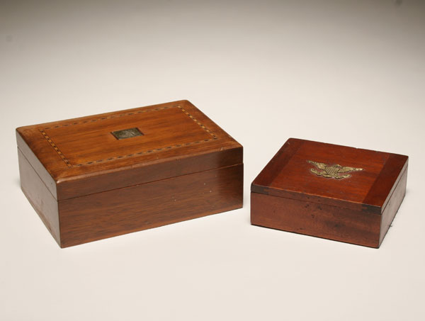 Appraisal: Two wooden boxes with metal trim lined humidor with parquetry