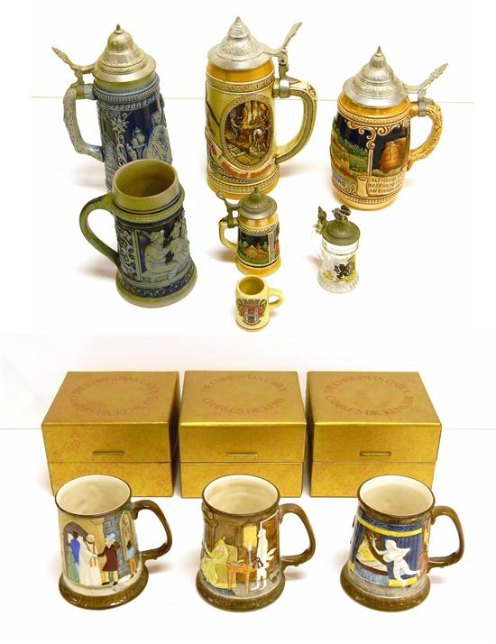 Appraisal: Assortment of steins including three Royal Doulton Christmas Carol Tankards