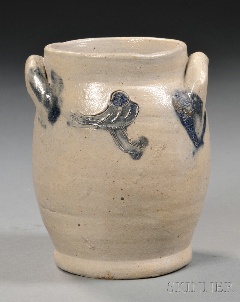 Appraisal: Miniature Stoneware Jar with Incised Cobalt-filled Bird and Leaf Decoration