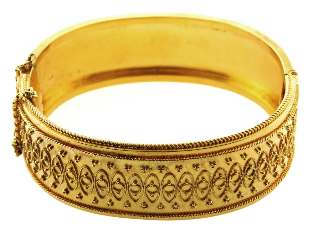 Appraisal: JEWELRY K Victorian Bangle Bracelet tested K yellow gold Etruscan