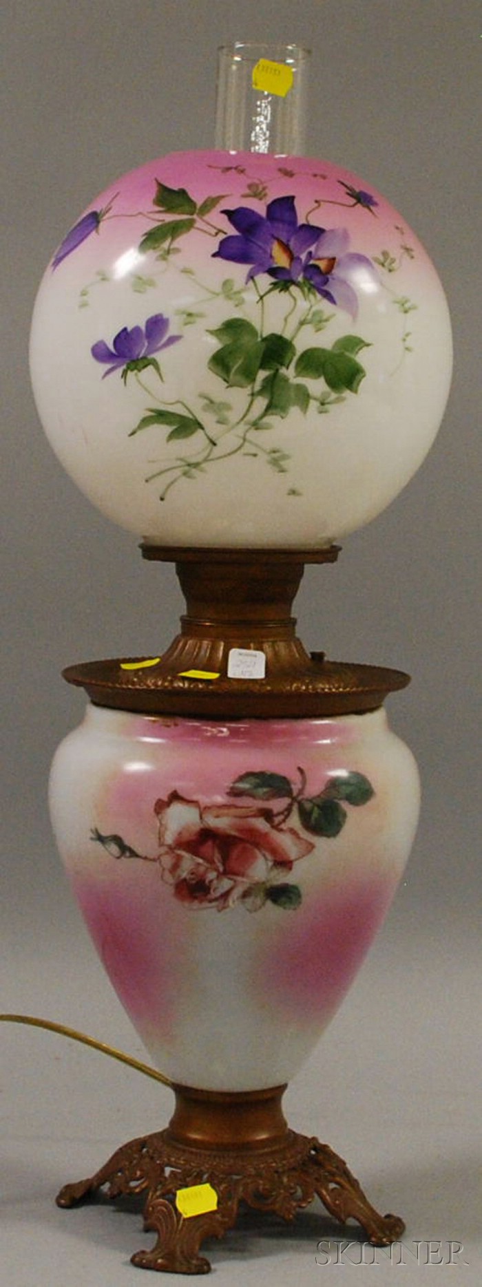 Appraisal: Late Victorian Hand-colored and Transfer Floral Decorated Glass Gone-with-the-Wind Kerosene