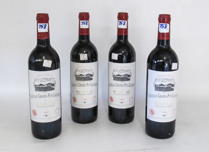 Appraisal: FOUR BOTTLES OF VINTAGE FRENCH RED BORDEAUX WINE Chateau Grand-Puy-Lacoste