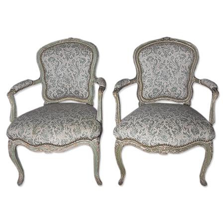 Appraisal: Pair of Louis XV Style Carved and Painted Fauteuils Estimate