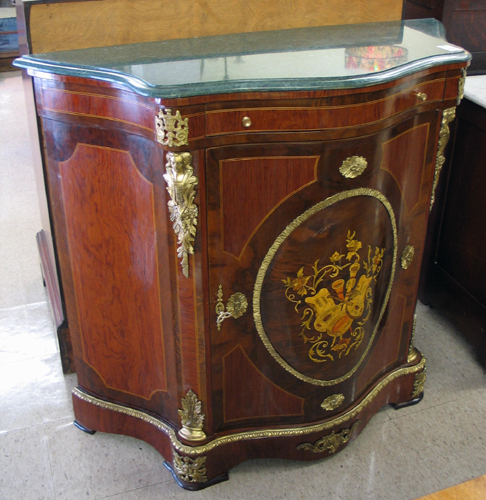 Appraisal: LOUIS XVI STYLE MARBLE-TOPPED SIDE CABINET with serpentine-shaped front and