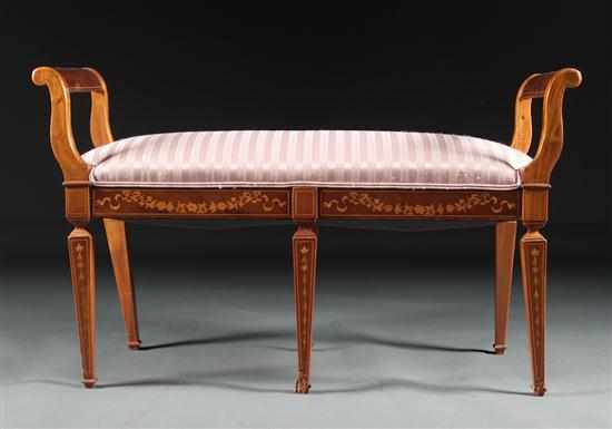 Appraisal: Edwardian inlaid mahogany and satinwood upholstered window bench in H