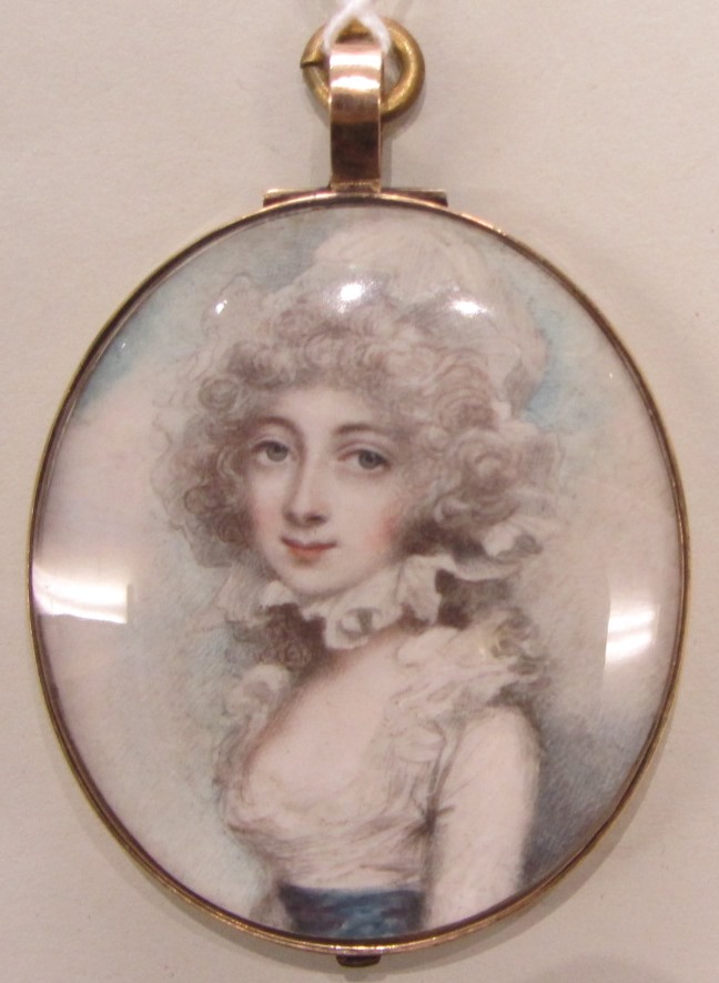 Appraisal: An oval portrait miniature of a young lady with curly