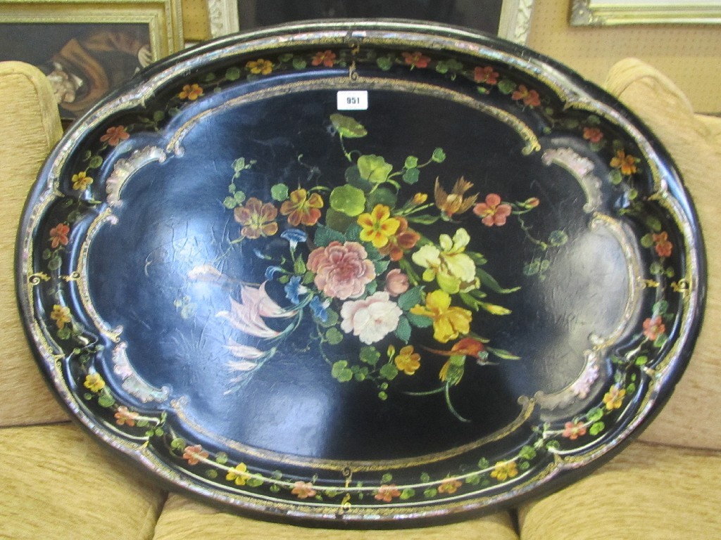 Appraisal: Victorian papier mache handpainted tray with mother of pearl inlay