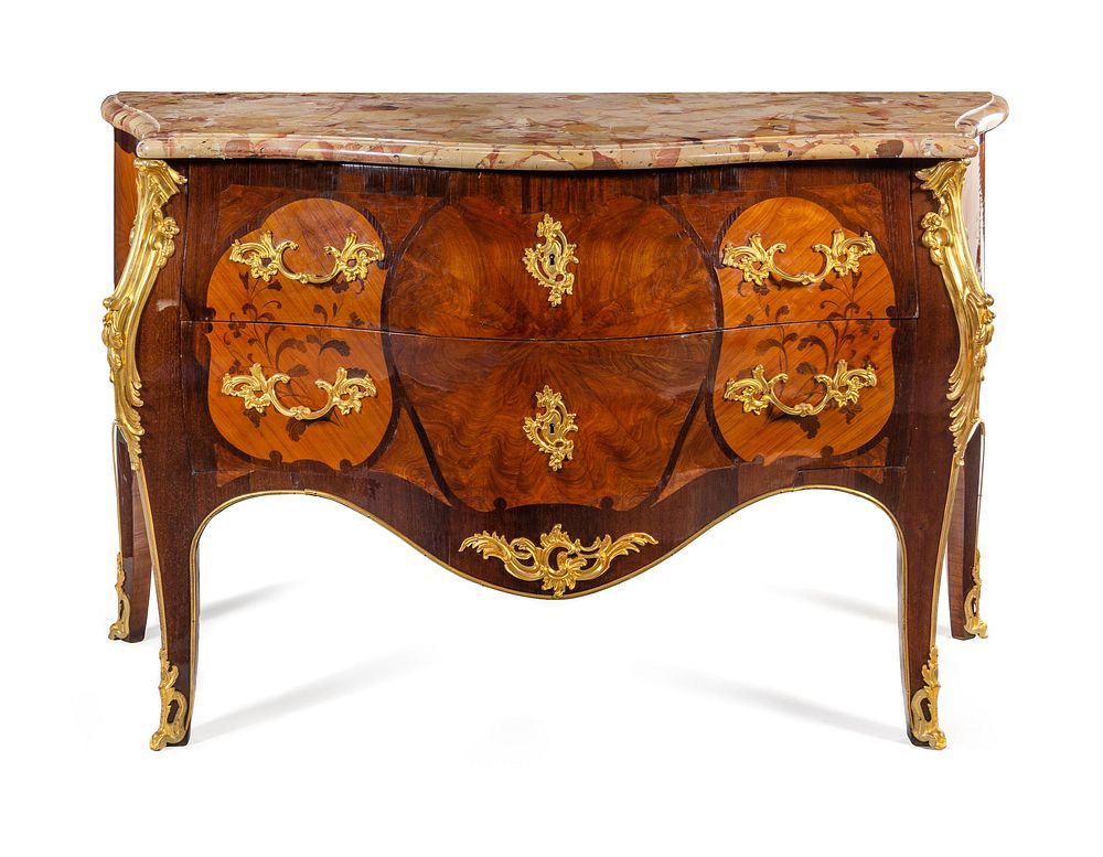 Appraisal: A Louis XV Style Gilt Bronze Mounted Marquetry Marble-Top Commode