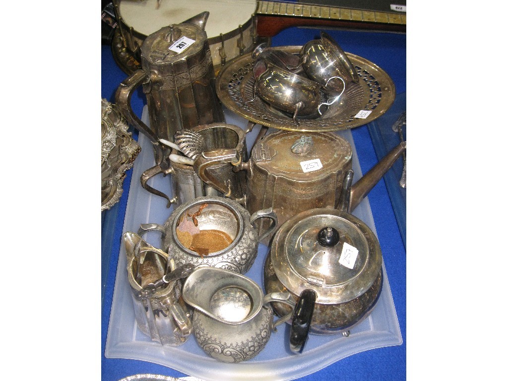 Appraisal: Tray lot of EP - teapots cream and sugars tazza