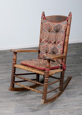 Appraisal: Rush Seat Rocking Chair Mixed wood constructed rocking chair having