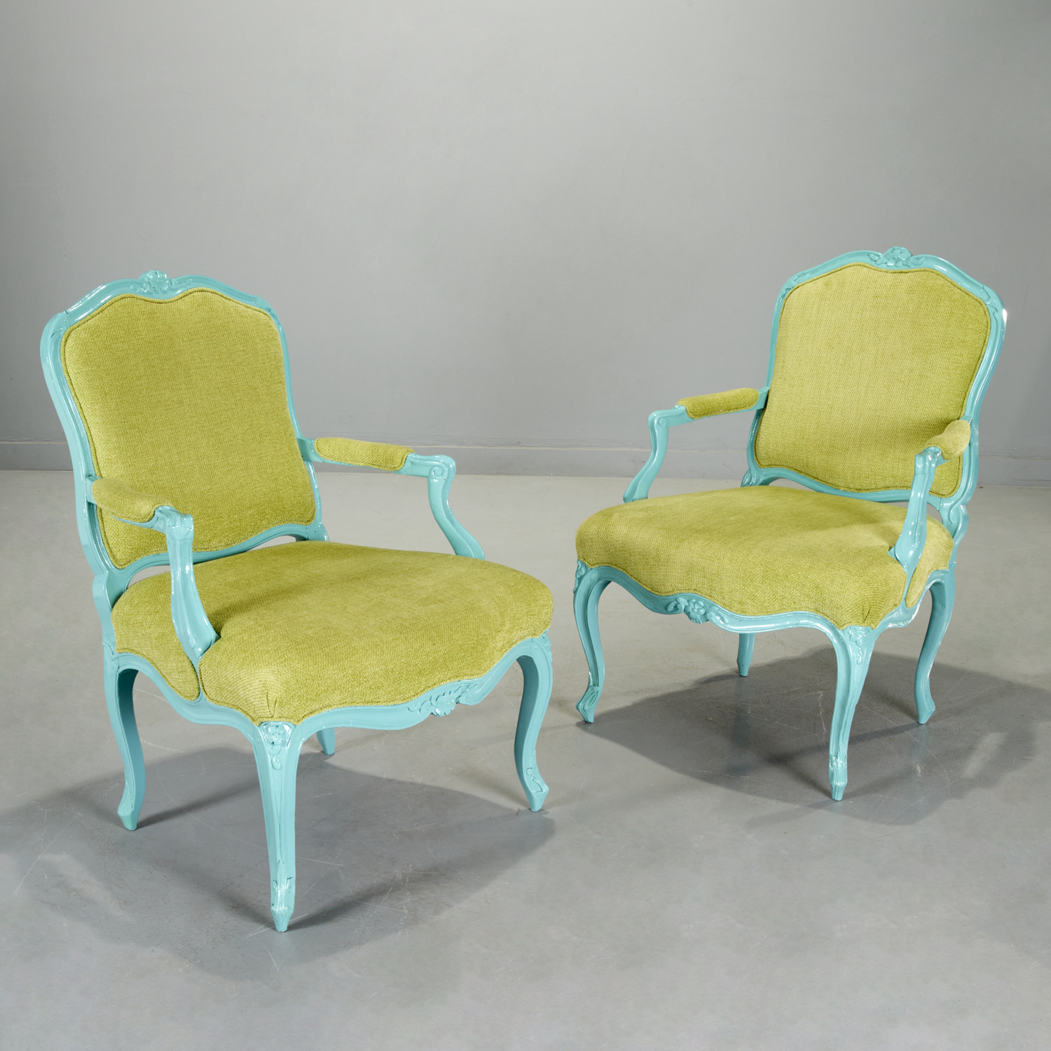 Appraisal: LOUIS XV STYLE AQUA LACQUERED FAUTEUILS Likely th th c