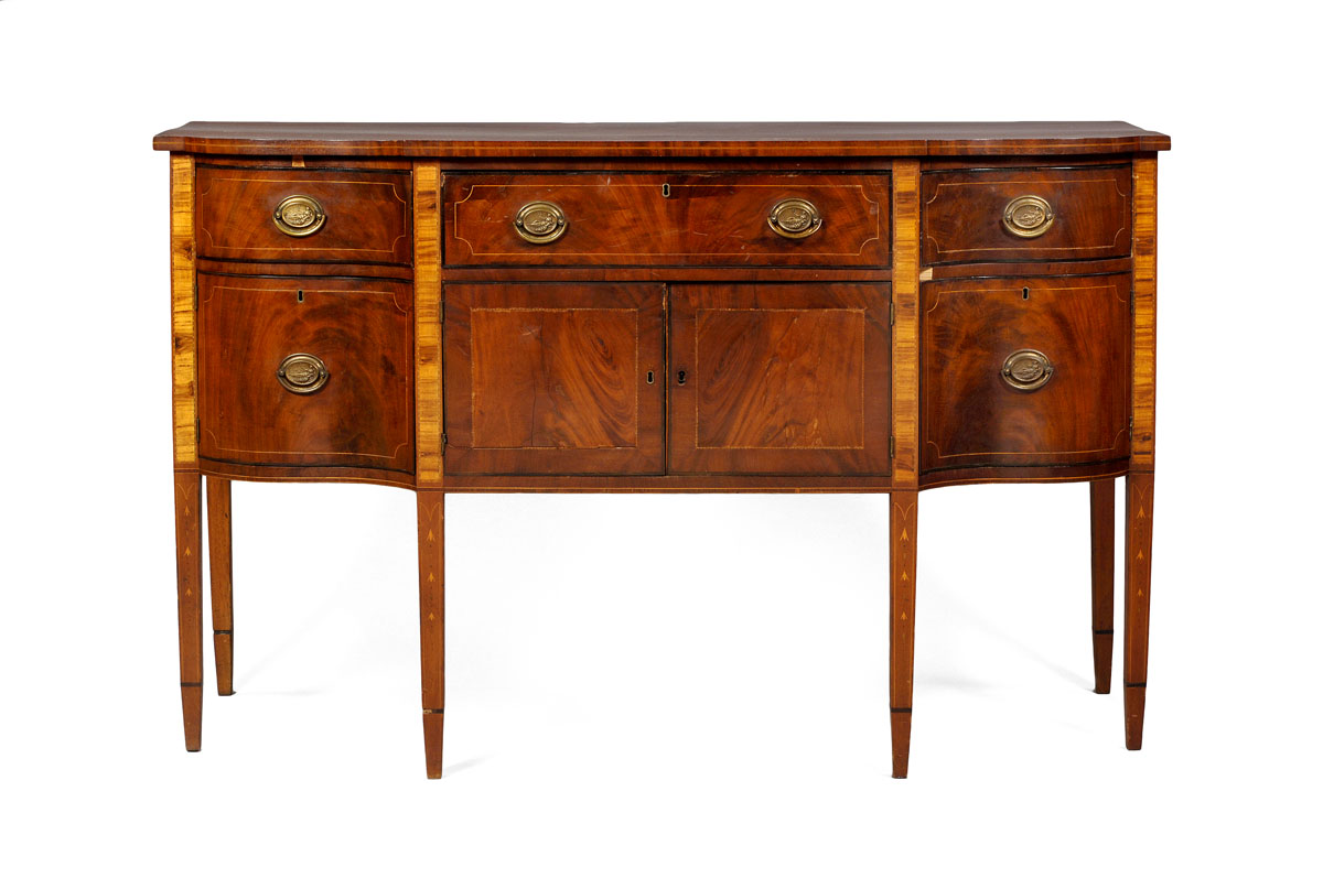 Appraisal: NEW ENGLAND HEPPLEWHITE INLAID MAHOGANY SIDEBOARD The rectangular top with