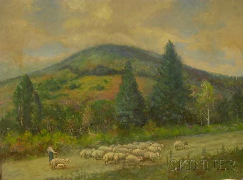 Appraisal: Framed Oil on Board Landscape with Sheep and Young Shepherd