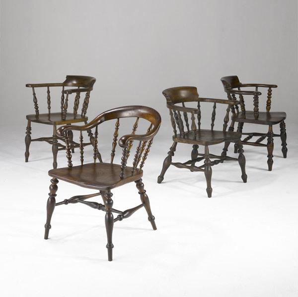 Appraisal: ENGLISH PUB CHAIRS Grouping of four in mixed woods th