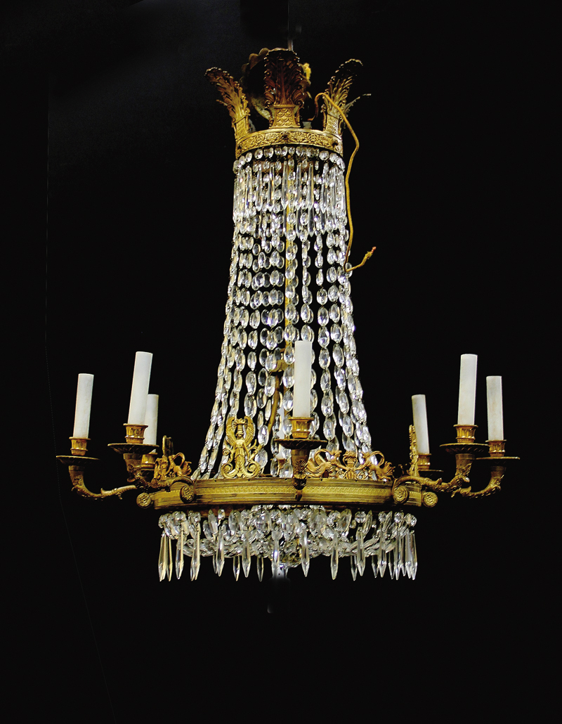 Appraisal: Empire gilt-bronze and crystal eight-light chandelier th century pierced leaf