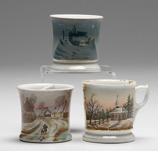 Appraisal: THREE BEAUTIFULLY PAINTED LANDSCAPE SHAVING MUGS porcelain with polychrome painted