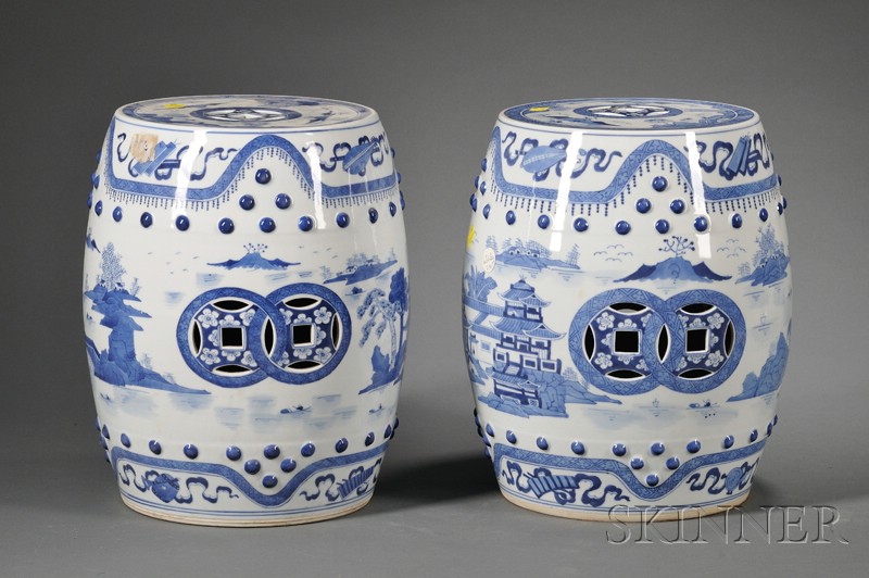 Appraisal: Pair of Asian Export Blue and White Porcelain Garden Seats