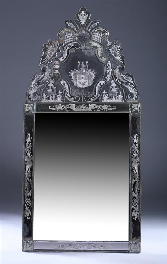 Appraisal: VENETIAN ETCHED-GLASS WALL MIRROR early th century Shaped crest with