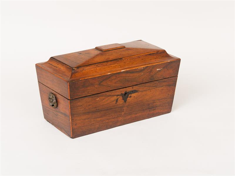 Appraisal: REGENCY ROSEWOOD SARCOPHAGUS-FORM TEA CADDY Opening to a two-lidded recesses