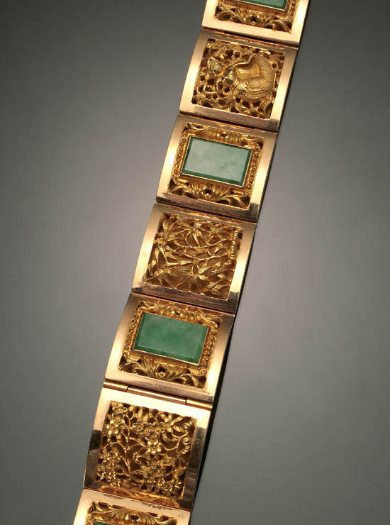 Appraisal: Southeast Asian -Karat Yellow-Gold and Apple-Green Jadeite Bracelet Each rectangular