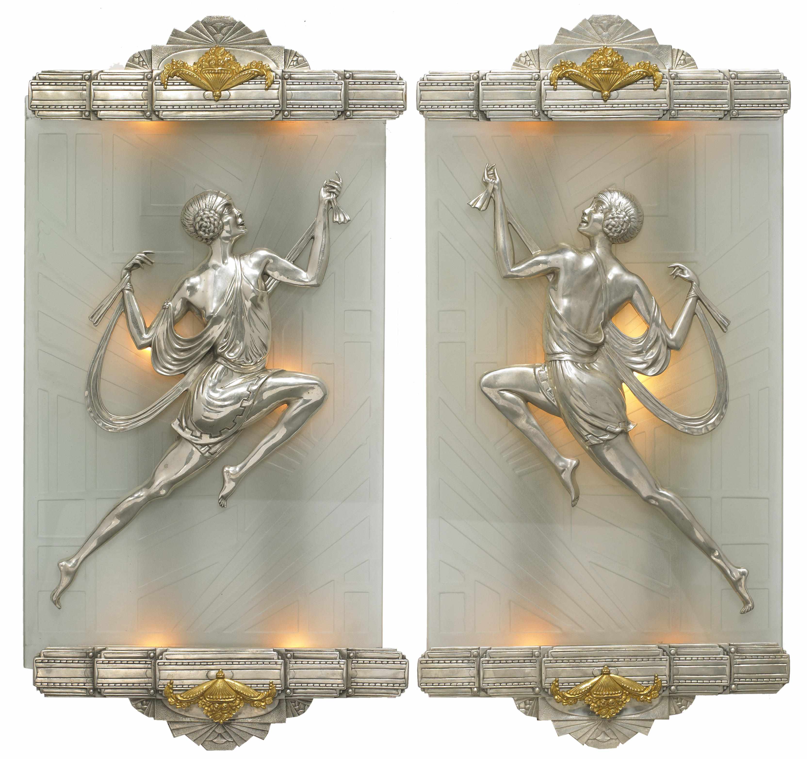 Appraisal: A pair of Art Deco style gilt and silvered bronze