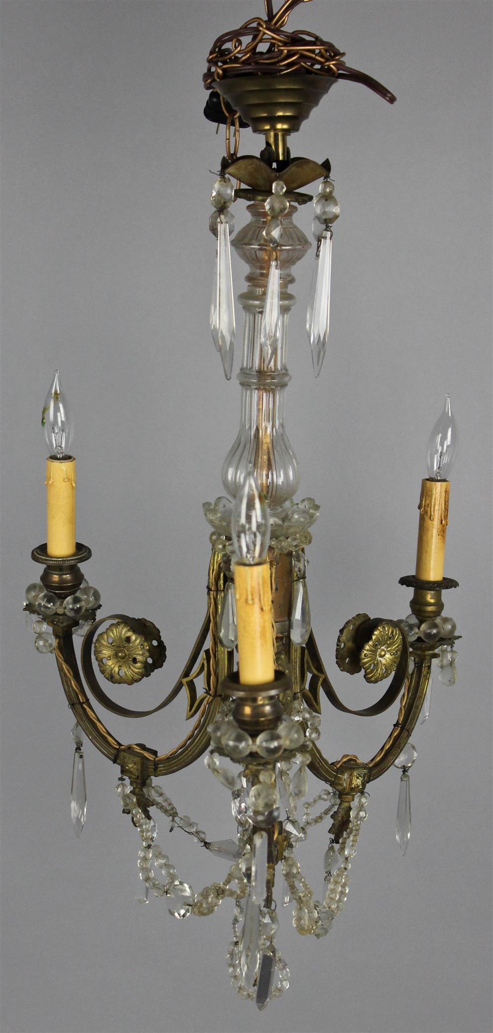 Appraisal: VINTAGE BRASS FLORAL SCROLL WITH PRESSED GLASS CENTER CHANDELIER composed