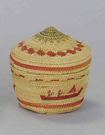 Appraisal: MINIATURE NORTHWEST COASTAL INDIAN COVERED BASKETCirca Decorated with figures in