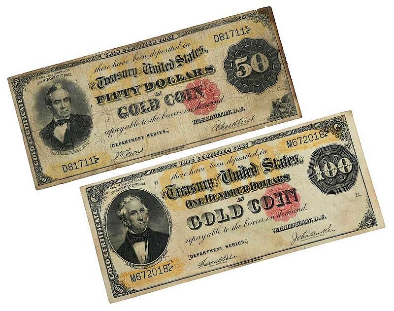 Appraisal: Two U S Gold Certificates and denominations Provenance Estate of