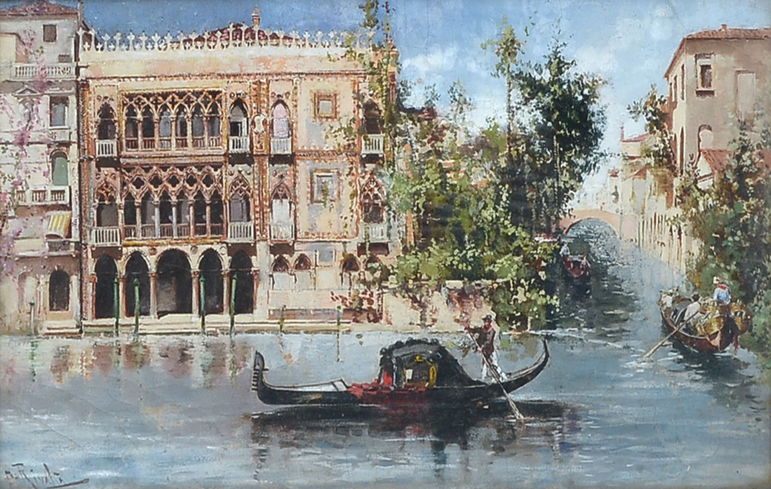 Appraisal: VENETIAN PAINTING WITH GONDOLIERS SIGNED RIVATTA Oil Paper Mounted to