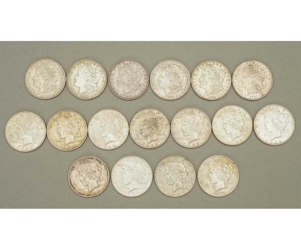 Appraisal: Six Morgan silver dollars together with seven dollars three examples