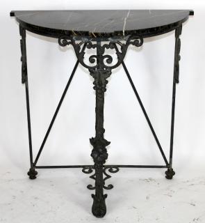 Appraisal: Wrought iron demi-lune console in a grape motif with marble