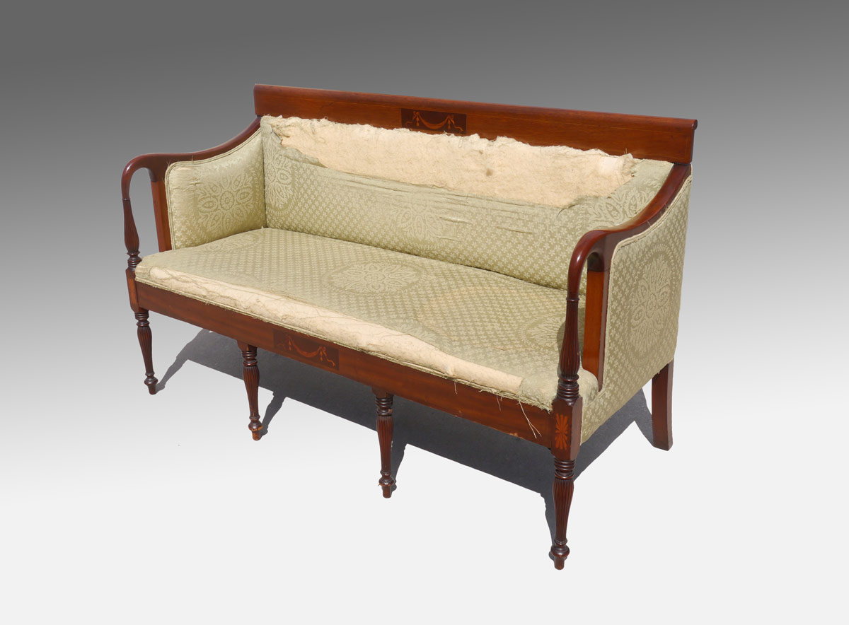 Appraisal: TH CENTURY INLAID SHERATON SETTEE Inlaid top rail and skirt