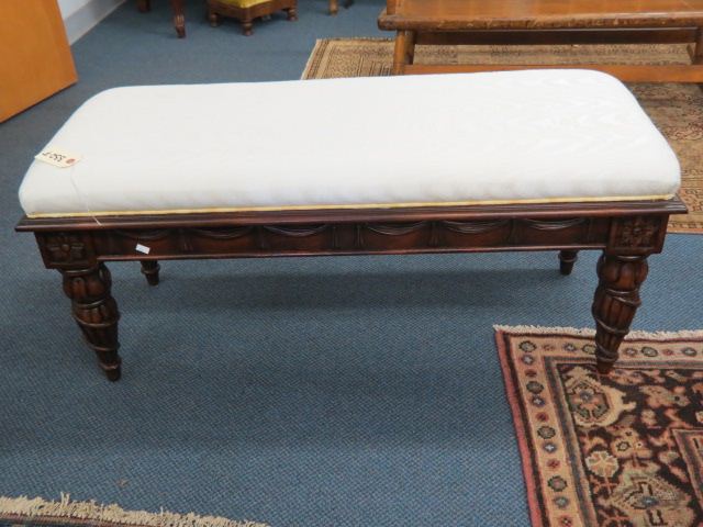 Appraisal: Carved Mahogany Bench ivory silk fabric X