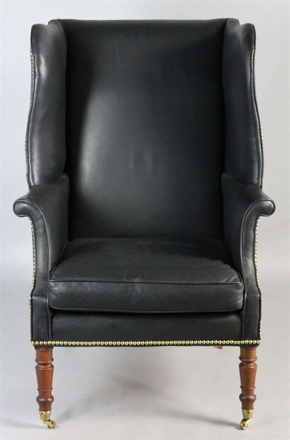 Appraisal: FEDERAL MAHOGANY WING CHAIR UPHOLSTERED IN BLACK LEATHER having a