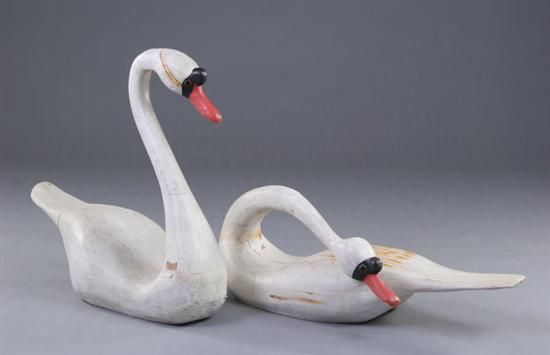 Appraisal: PAIR ENGLISH PAINTED WOOD SWANS th century - in taller