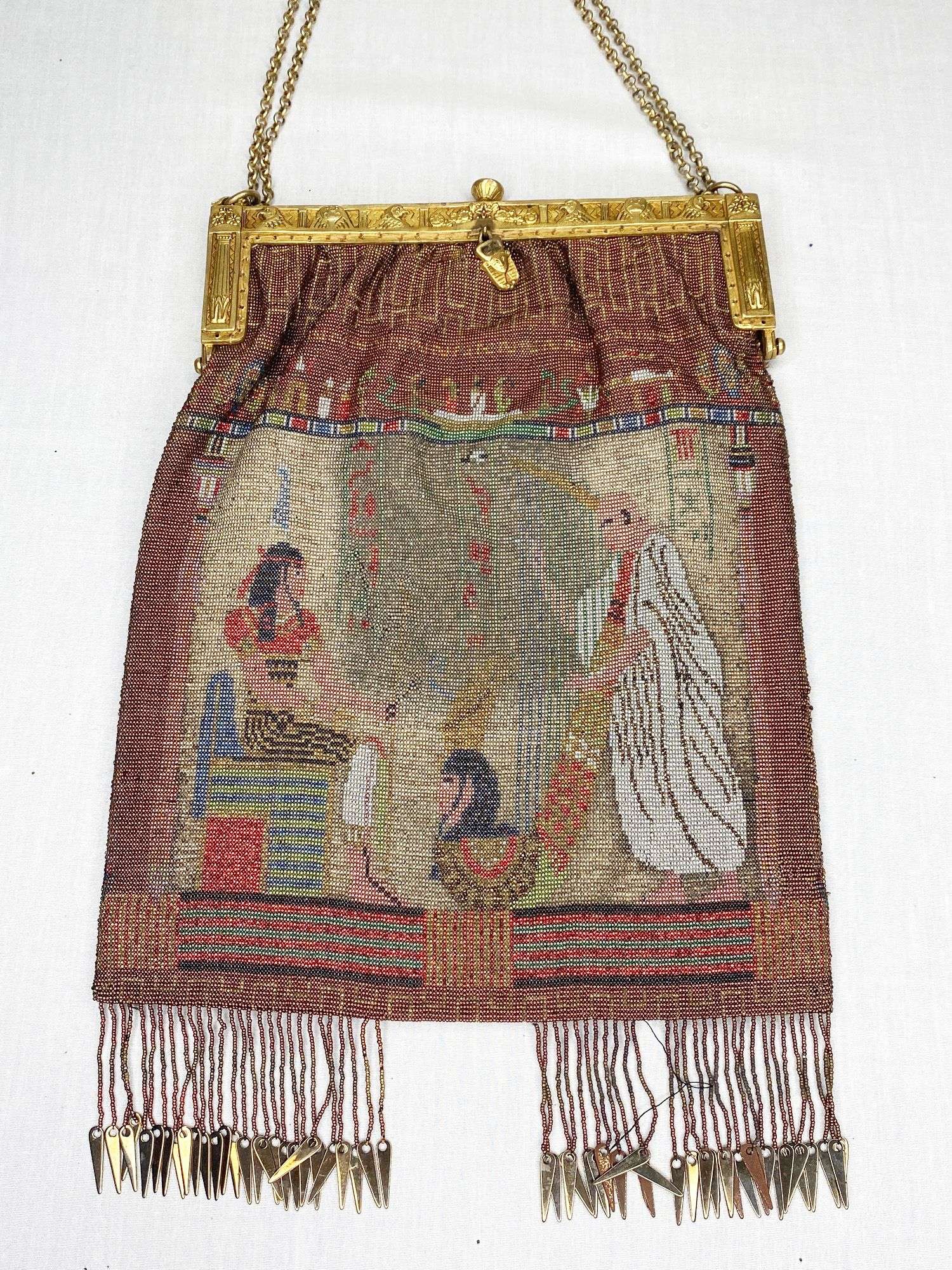 Appraisal: Egyptian Revival Micro Beaded Purse with Gold Tone Frame long