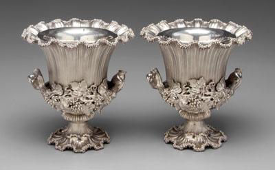 Appraisal: Pair silver plated wine coolers ruffled rim and pedestal base