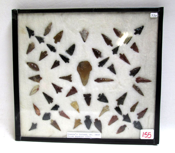 Appraisal: CASED COLLECTION OF FIFTY FIVE ARROWHEADS from the Frank Buehler